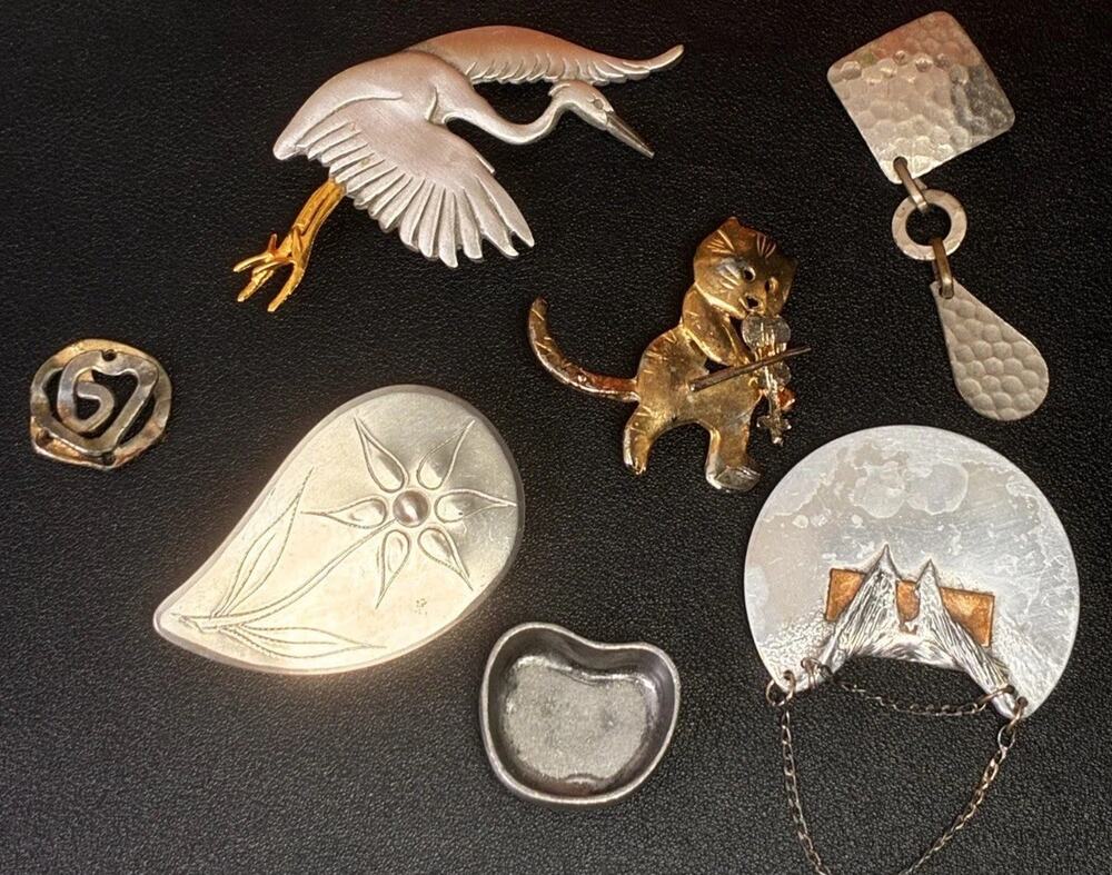 Vintage Brooch Pin Lot Torino Pewter Bird Cat Artisan Modernist Figural 7 Pc
